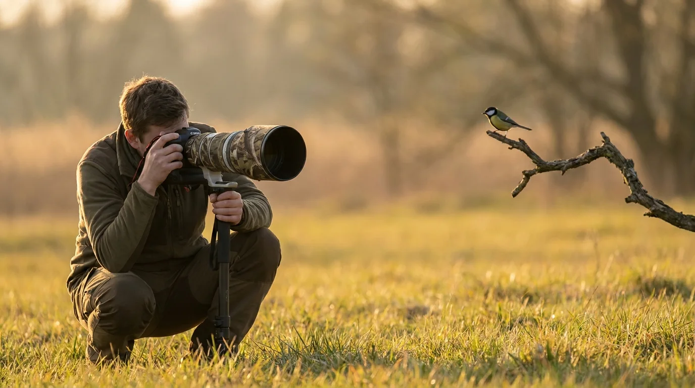 Fotograf z teleobjektywem celujący w ptaka na gałęzi o poranku