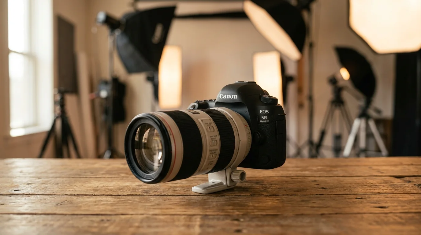 Fotograf trzyma lustrzankę Nikon D850 podczas sesji plenerowej