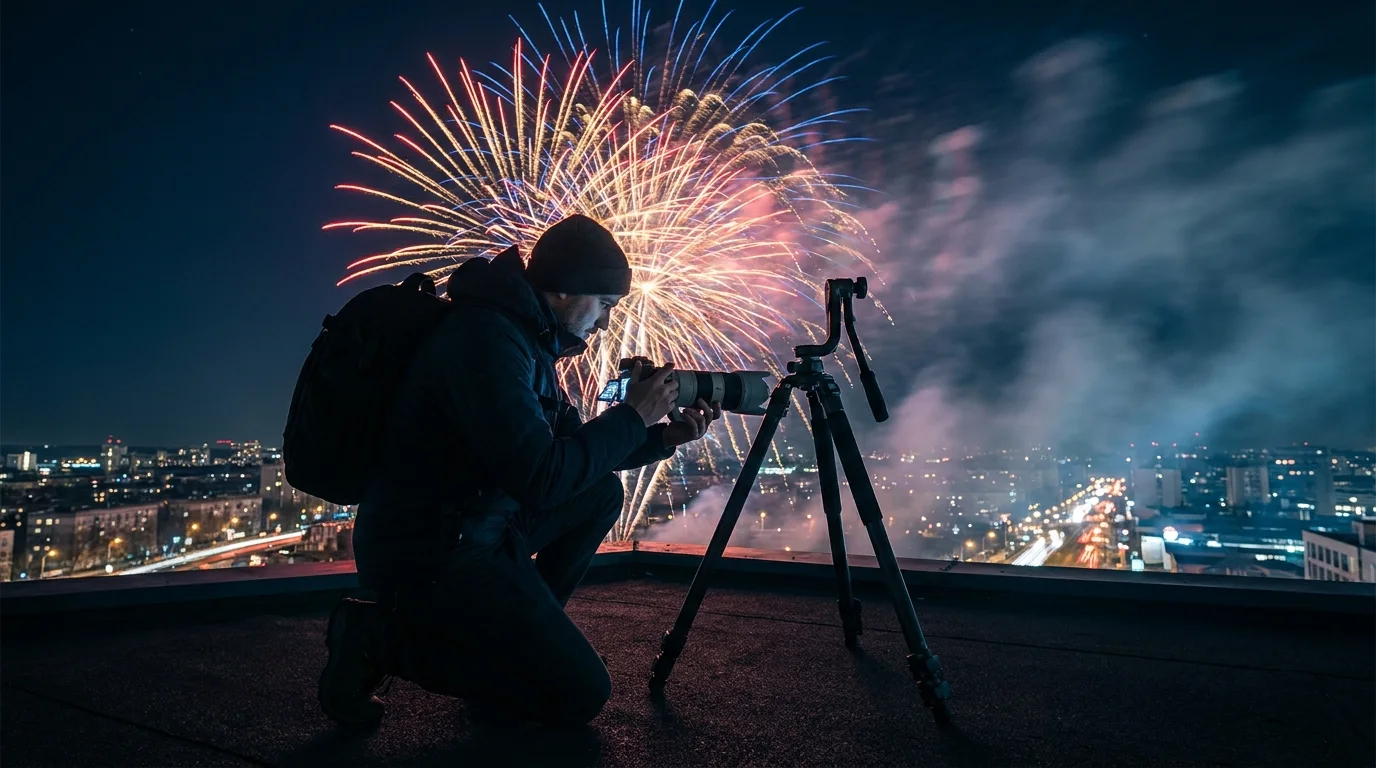 Fotograf na statywie fotografuje kolorowe fajerwerki nad miastem nocą
