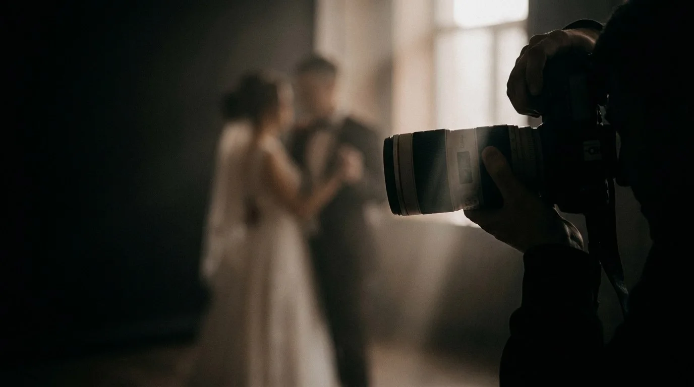 Nikon Z 24-70mm F2.8 S zoom workhorse na czarnym tle z weselną sceną