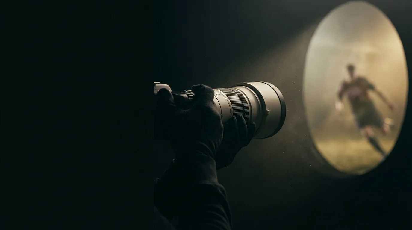 Panasonic Lumix S Pro 70-200mm F2.8 OIS tele zoom na czarnym tle ze sceną sportową