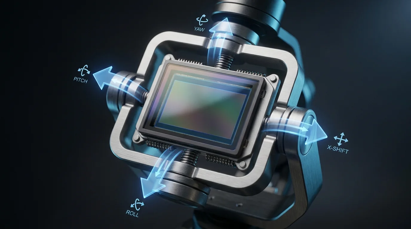 Przekrój mechanizmu IBIS pokazujacy ruchoma matryce w korpusie aparatu Sony A7R V