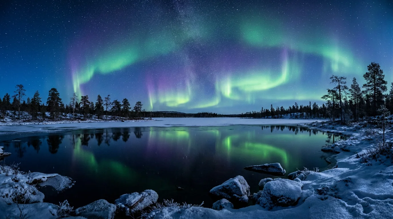 Fotograf na tle zielonej zorzy polarnej nad zaśnieżonym jeziorem w Laponii