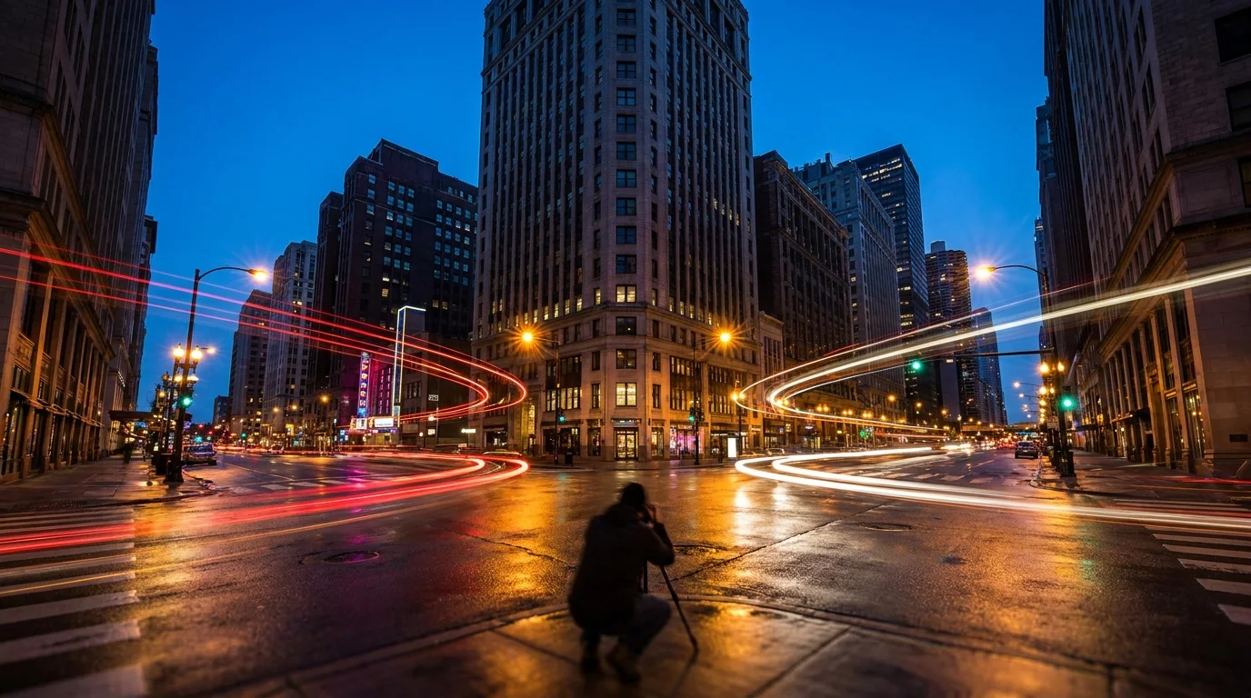 Fotograf na statywie fotografuje smugi świateł samochodowych nocą w centrum miasta