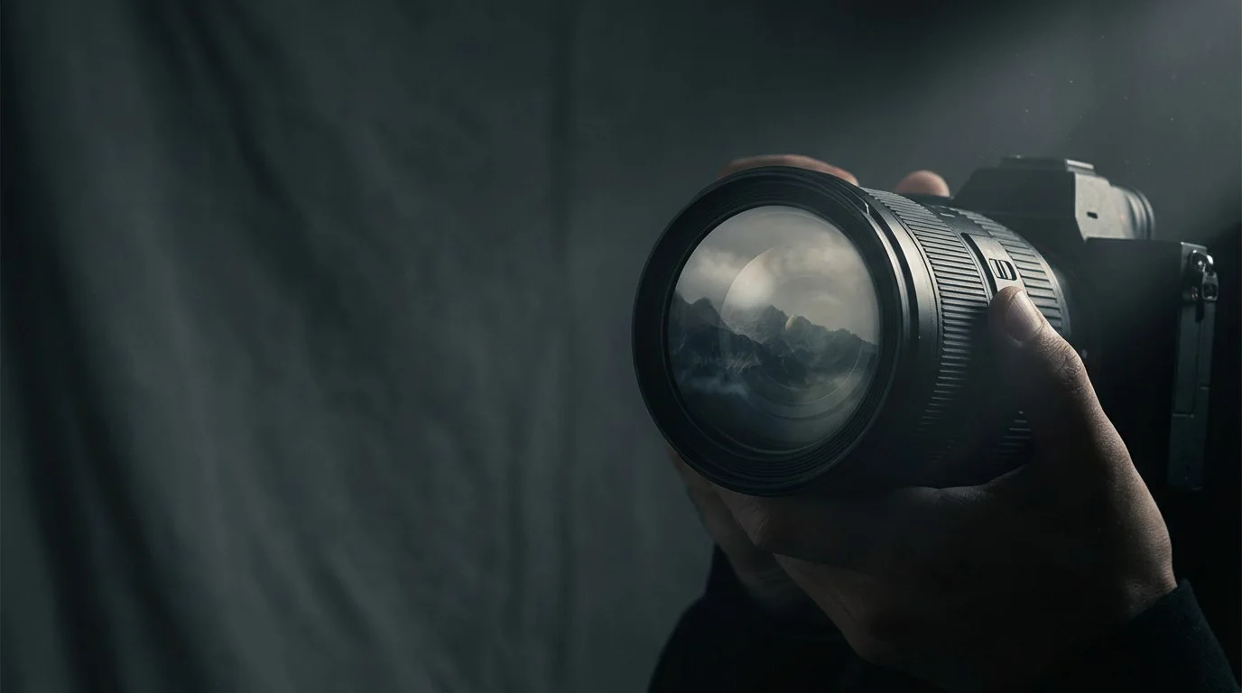 Canon RF 15-35mm F2.8 L IS USM szerokokątny na czarnym tle z pejzażem górskim
