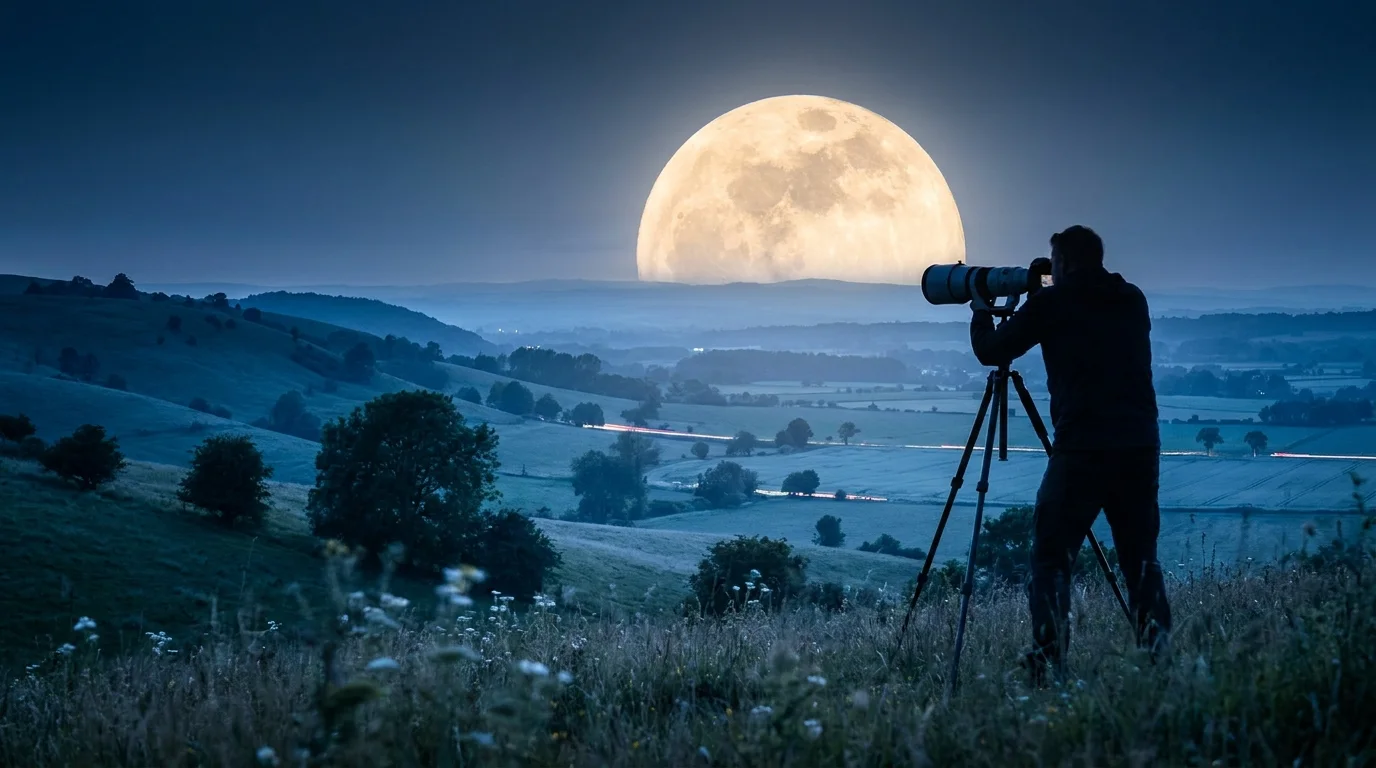 Fotograf z aparatem na statywie celujący w księżyc w pełni nad horyzontem