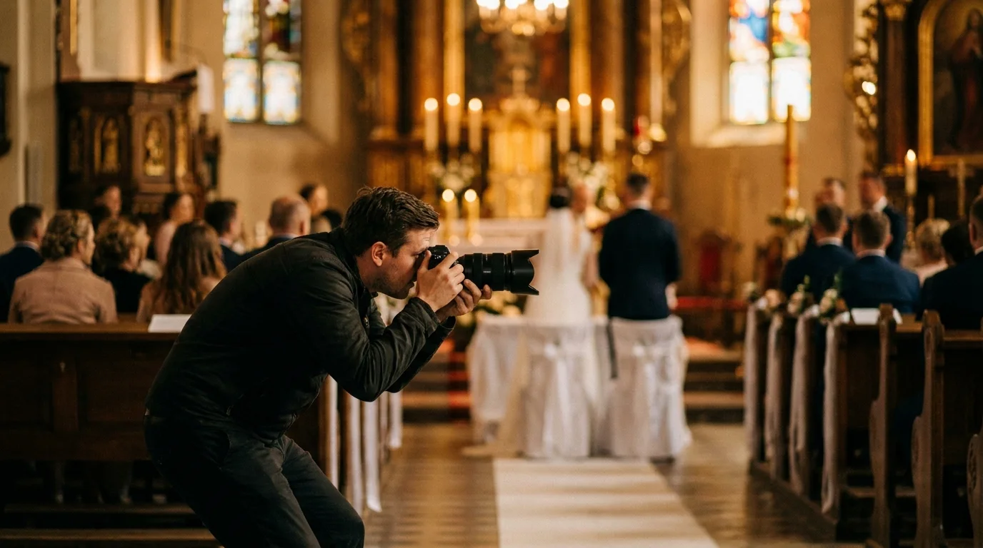 Fotograf na ceremonii ślubnej w kościele z aparatem pełnoklatkowym